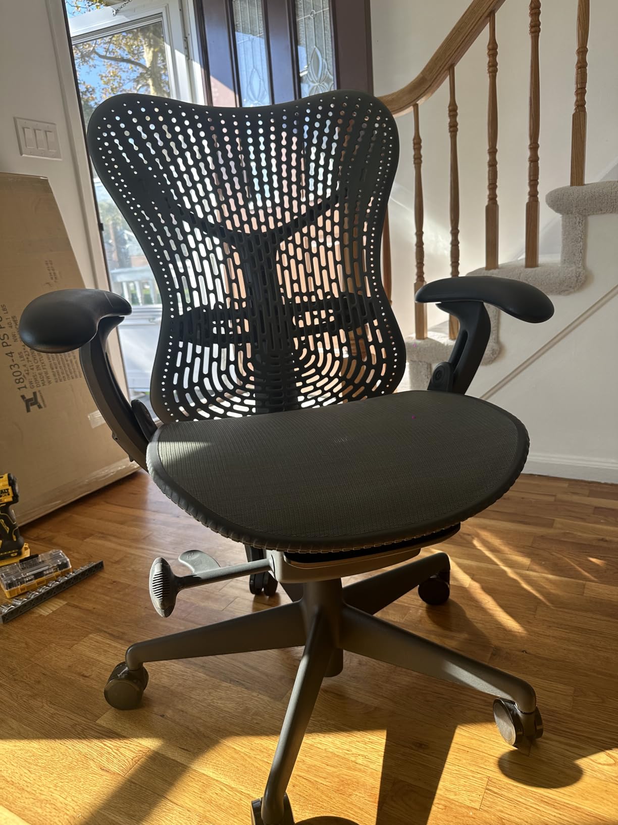Herman Miller Mirra Chair: Fully Featured w/Forward Tilt - Adjustable Arms - FlexFront Seat - Tilt Limiter - Lumbar Support - Hard Floor Casters - Graphite Frame/Graphite Seat customer photo 2