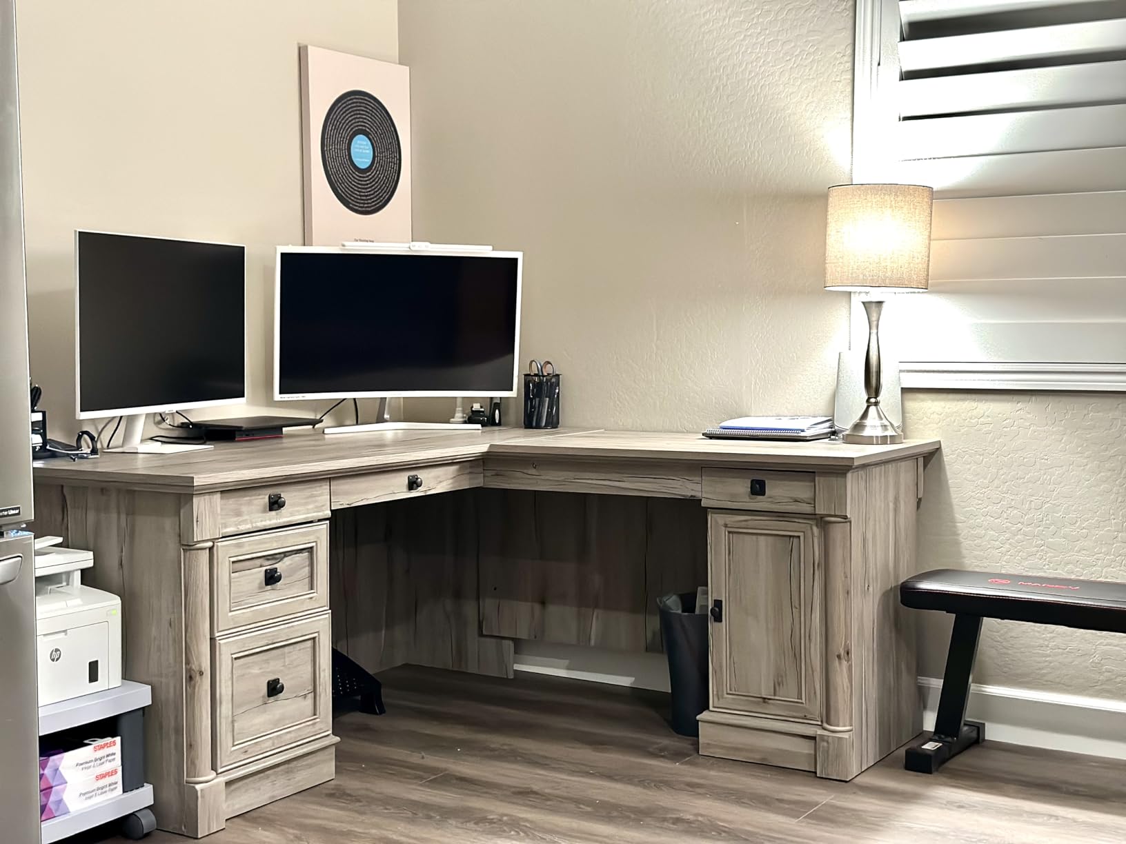 Sauder Palladia L Shaped Desk with Drawers, Office Desk with File Cabinet Storage, Cable Management, Keyboard Tray, in Vintage Oak Finish customer photo 2