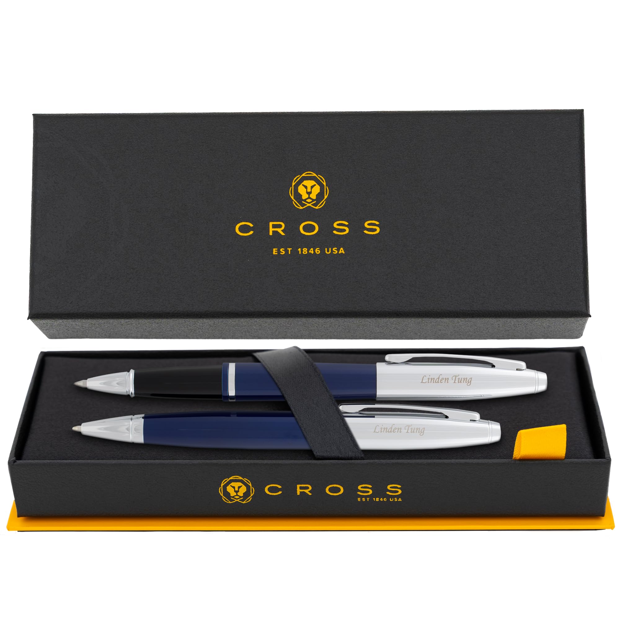 Cross Pen Set | Engraved Cross Calais Twist Action Ballpoint and Capped Rollerball Double Pen Gift Set with Case - Blue Laquer with Chrome Trim. Engraved Business Gift for Men or Women. customer photo 1