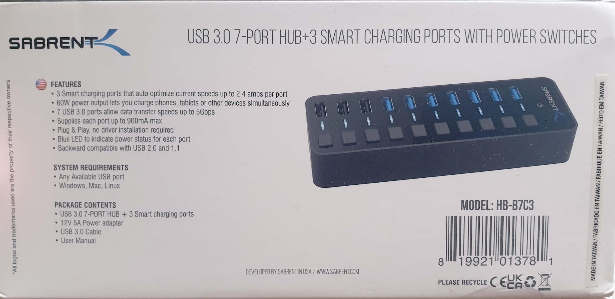 SABRENT 10-Port USB 3.0 Hub, Individual Power Switches and LEDs, 3 Smart Charging Ports, 60W Power Adapter, for PC, Mac, Xbox, PS5, Laptop, Desktop, USB Devices (HB-B7C3) customer photo 1
