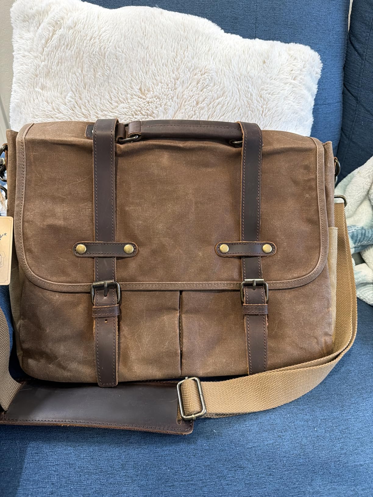 Mens Messenger Bag 15.6 Inch Waterproof Vintage Genuine Leather Waxed Canvas Briefcase Large Leather Computer Laptop Bag Rugged Satchel Shoulder Bag, Brown customer photo 2