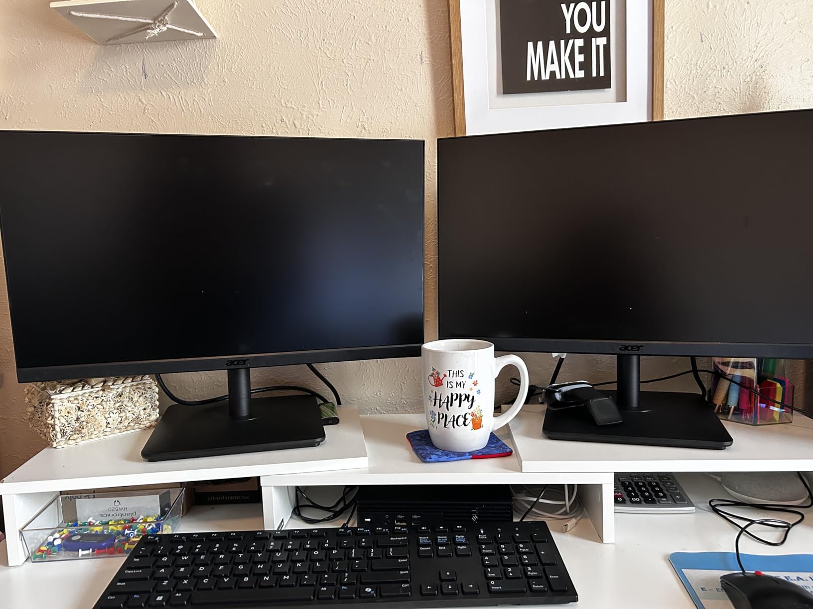 TAVR Dual Monitor Stand Riser Office Desktop Organizer Stand for 2 Monitors, Adjustable Length and Angle 3 Shelf, Extra Long Multifunctional Stand up to 43.3