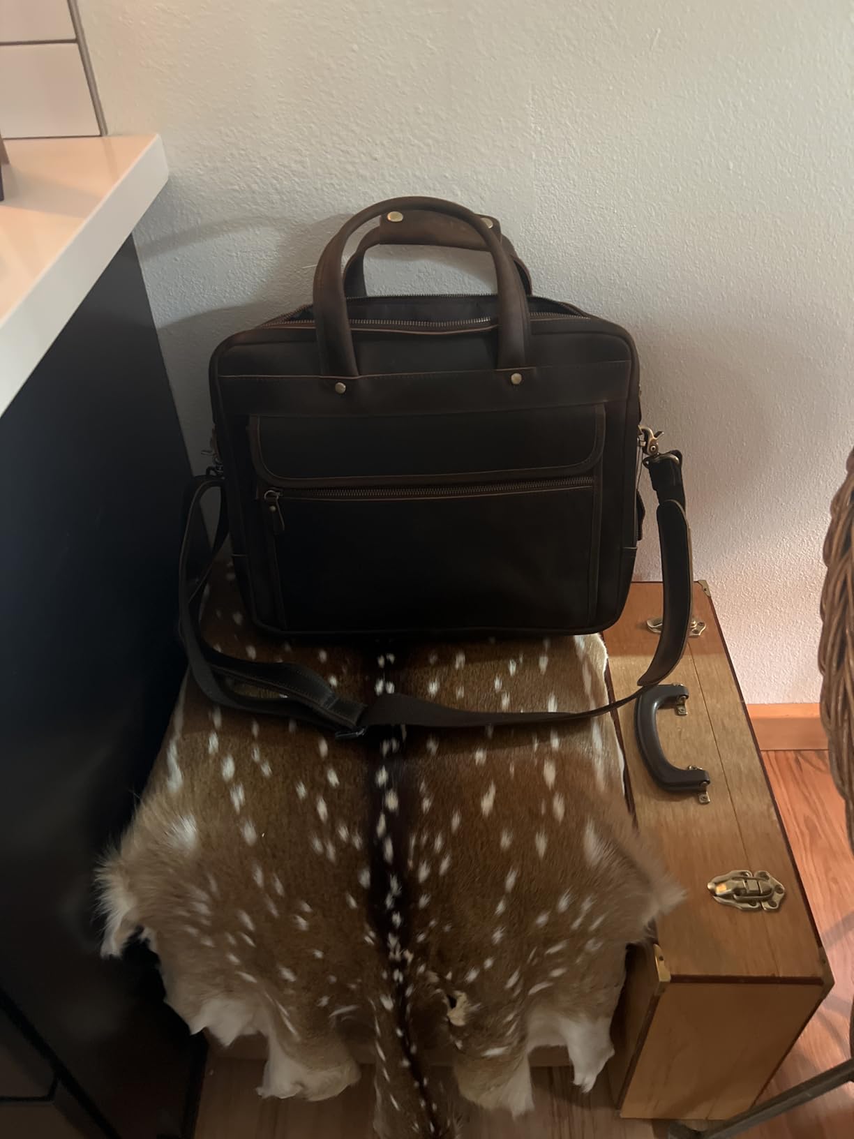 Augus Leather Briefcase for Men 15.6 Inch Laptop Bag Business Travel Large Capacity With Trolley Sleeve YKK Metal Zipper, Brown customer photo 1