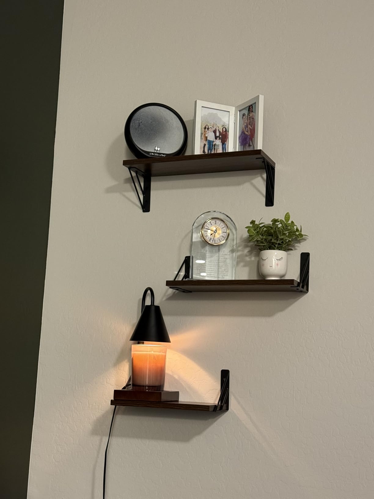 BAYKA Wall Mounted Floating Shelves, Wood Floating Wall Shelf for Books & Decor, Small Space-Saving Display & Organizer（Black，Set of 3） customer photo 2