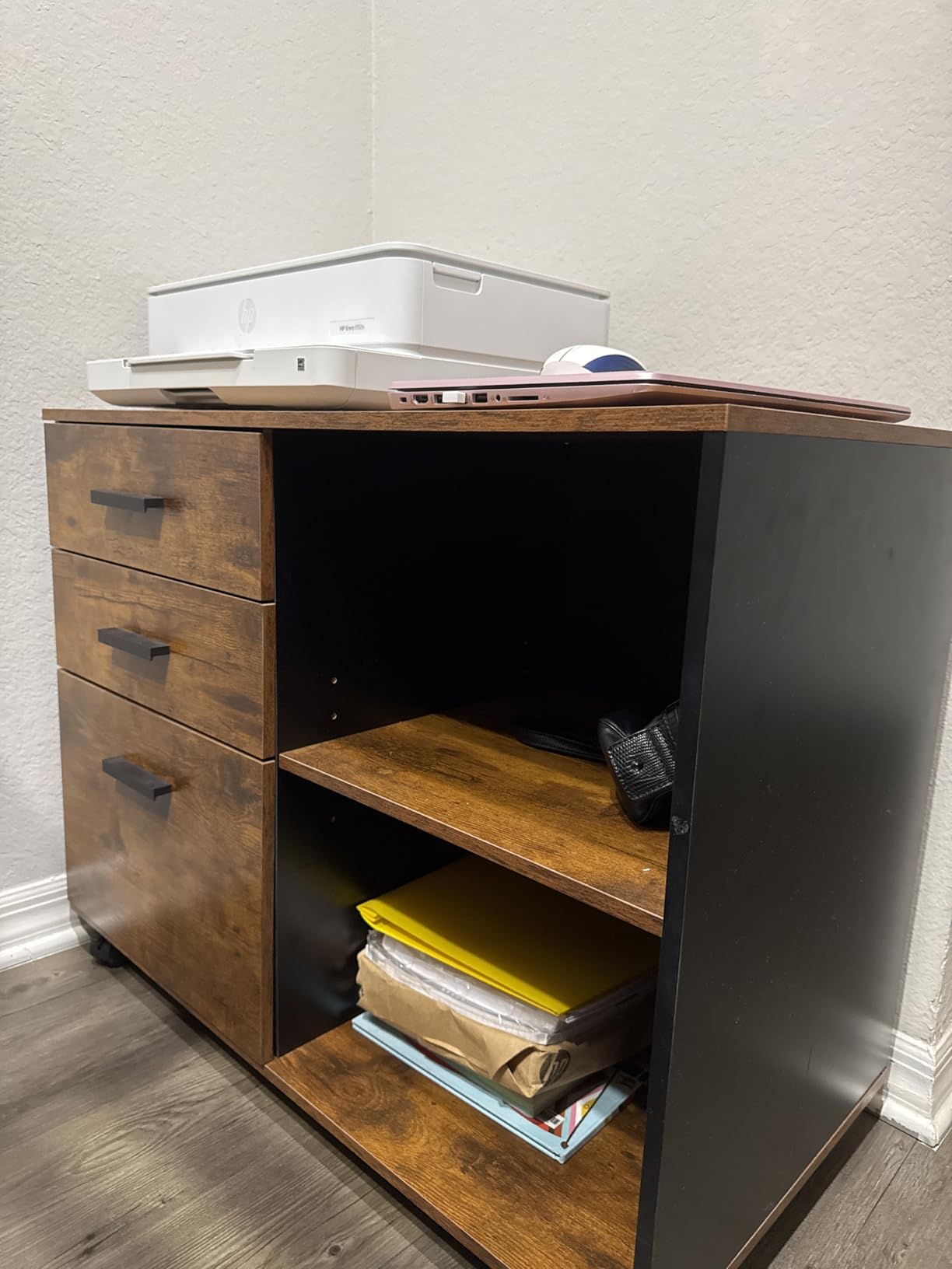 DEVAISE 3 Drawer Mobile File Cabinet, Wood Lateral Filing Cabinet, Printer Stand with Open Shelves for Home Office, Rustic Brown customer photo 1