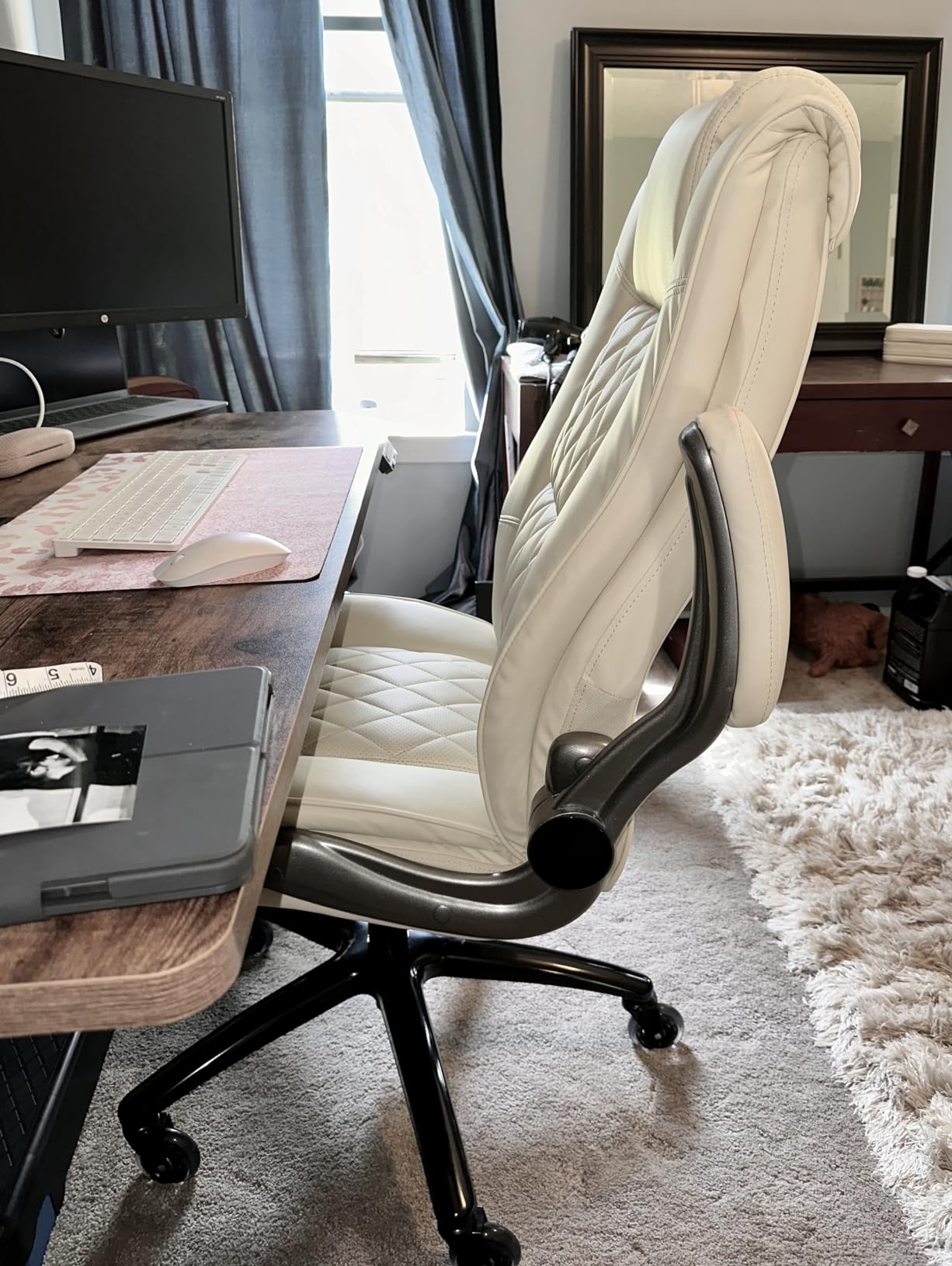 High Back Office Chair- Flip Arms Adjustable Built-in Lumbar Support, Executive Computer Desk Chair Work Chairs, Thick Padded Strong Metal Base Quiet Wheels, Ergonomic Design for Back Pain customer photo 1