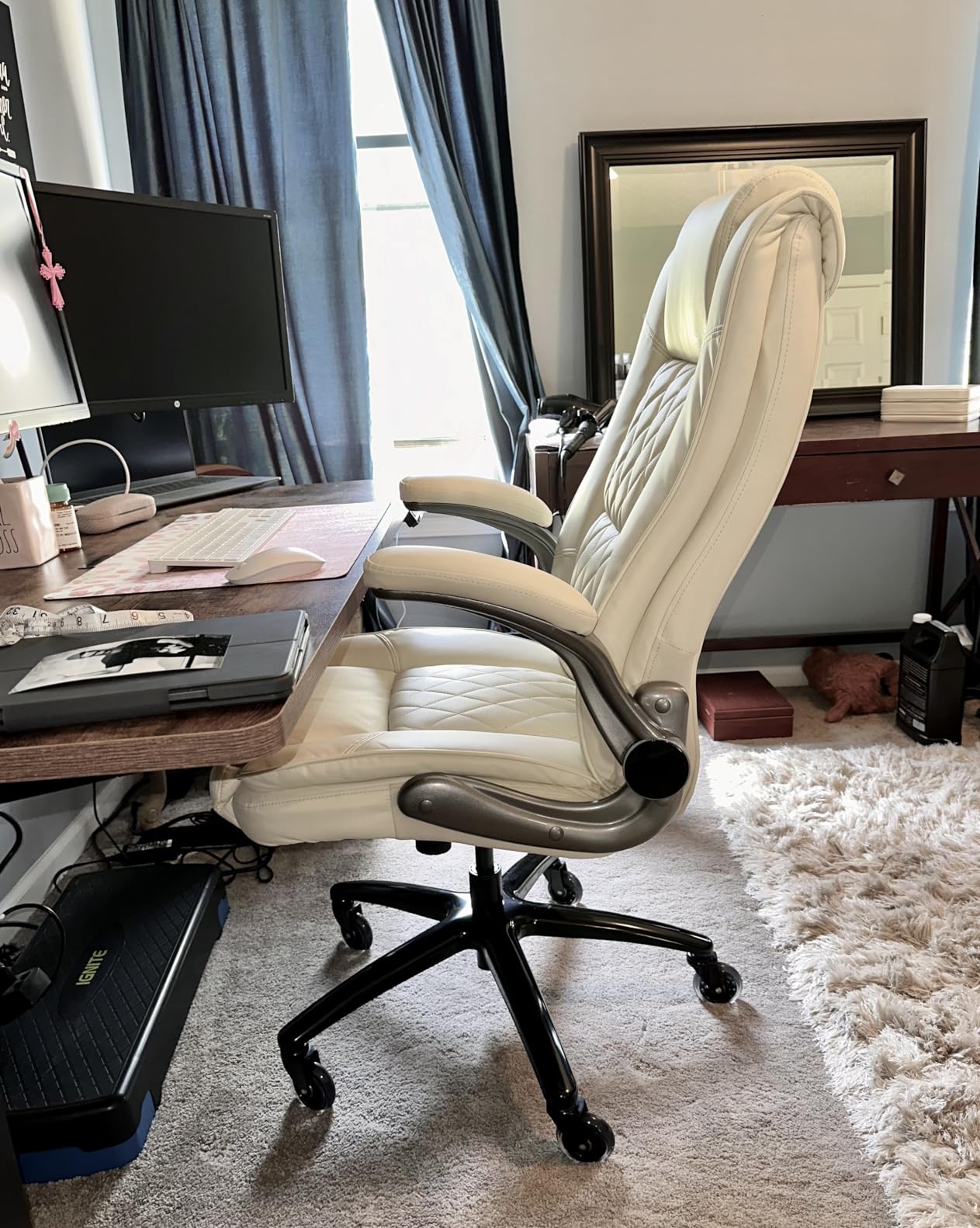 High Back Office Chair- Flip Arms Adjustable Built-in Lumbar Support, Executive Computer Desk Chair Work Chairs, Thick Padded Strong Metal Base Quiet Wheels, Ergonomic Design for Back Pain customer photo 2