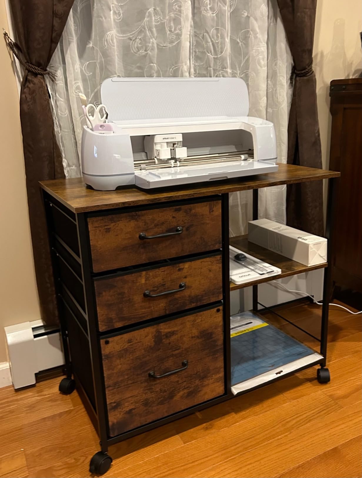 DEVAISE 3 Drawer Mobile File Cabinet, Rolling Printer Stand with Open Storage Shelf, Fabric Lateral Filing Cabinet fits A4 or Letter Size for Home Office, Rustic Brown Wood Grain Print customer photo 1