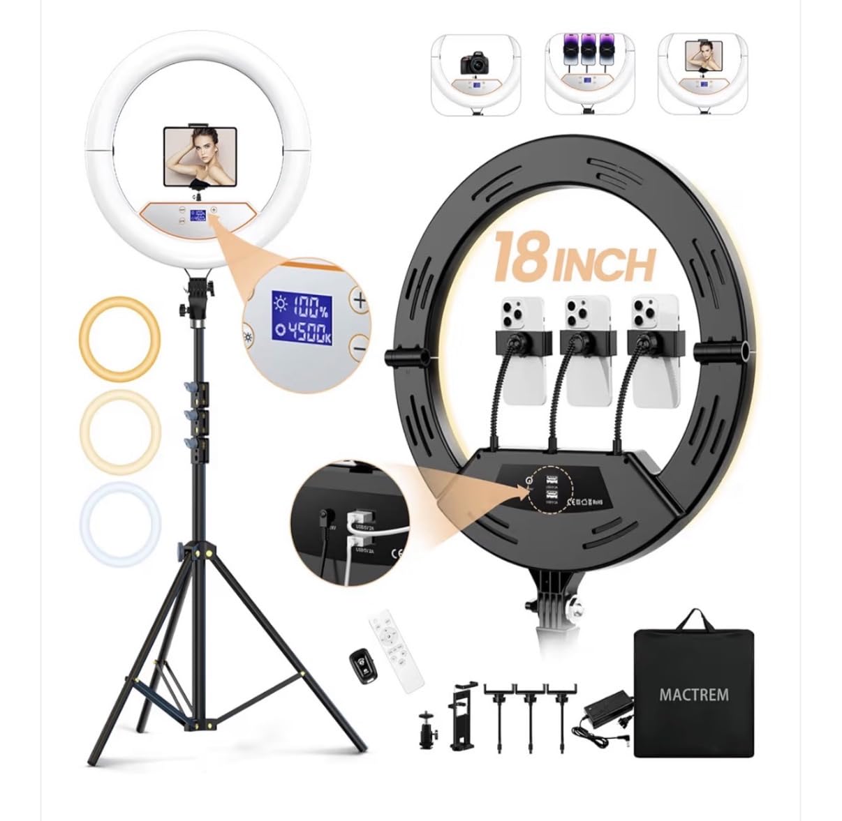 22'' Ring Light with 75'' Tripod Stand, LED Display/2 USB Ports/6500K Dimmable Ring Light for iPad Phone Holder for Tattoo Lash Live Makeup Video Recording TikTok Barber Stylist Photography customer photo 2