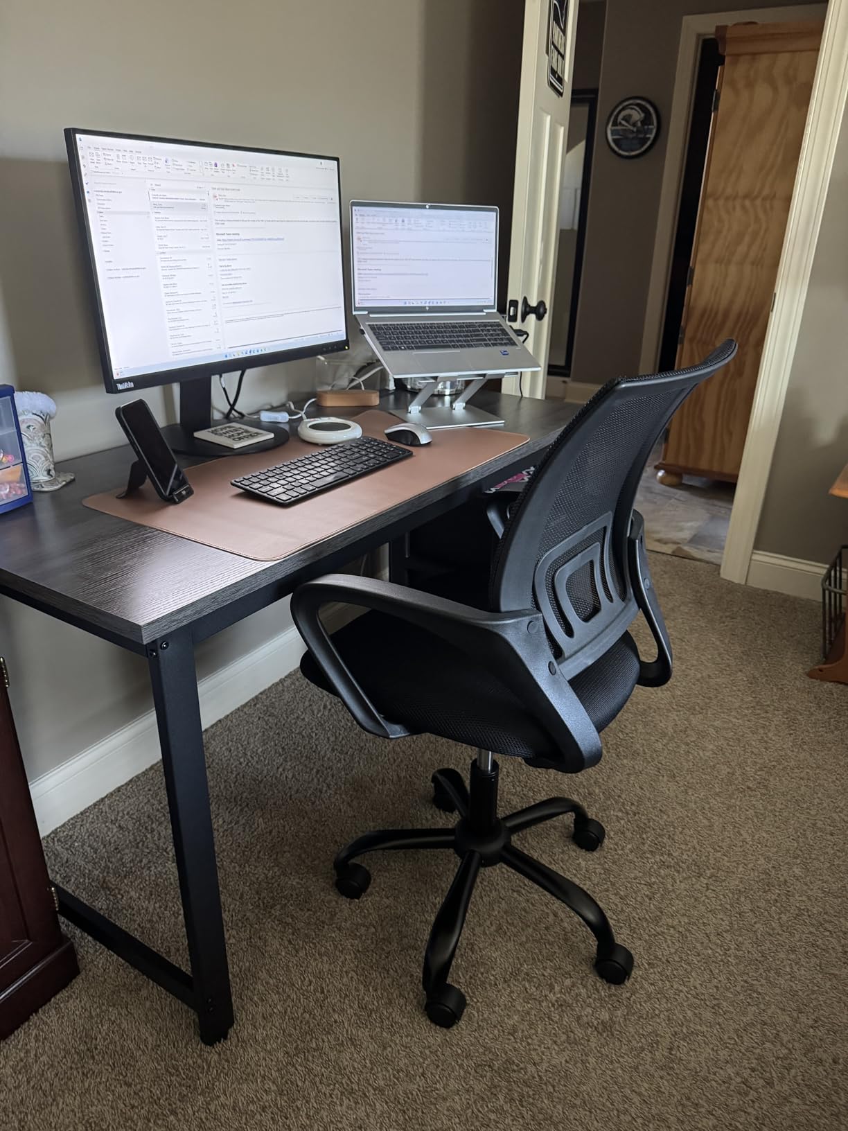 Amazon Basics Sturdy and Portable Ergonomic Laptop Stand for Desk, Height Adjustable Riser with Ventilated Cooling, Foldable, Fits all Laptops up to 15.6 Inch, Silver customer photo 1