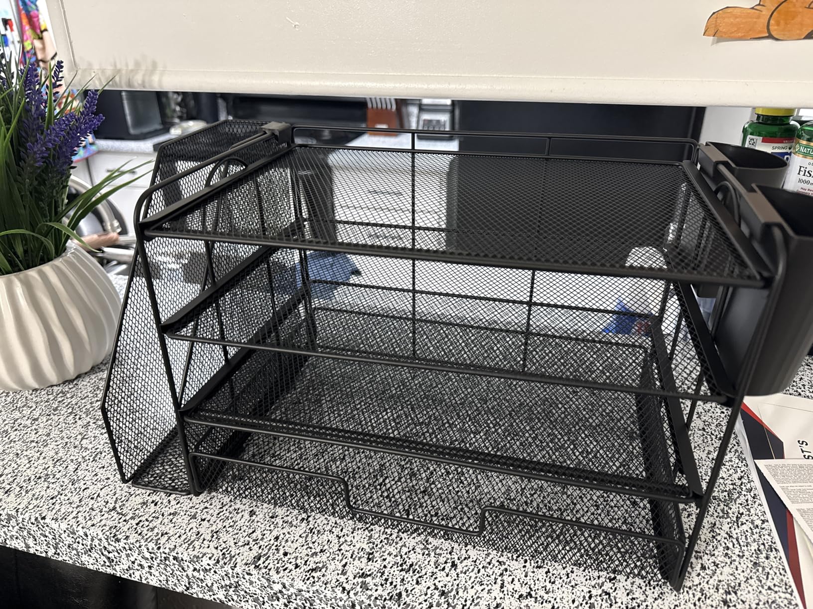OPNICE Desk Organizer, 4-Tier Desktop File Organizer with Drawer and 2 Pen Holders, Office Desk Accessories, File Sorters, Workspace Organizers for Office Supplies(Black) customer photo 2