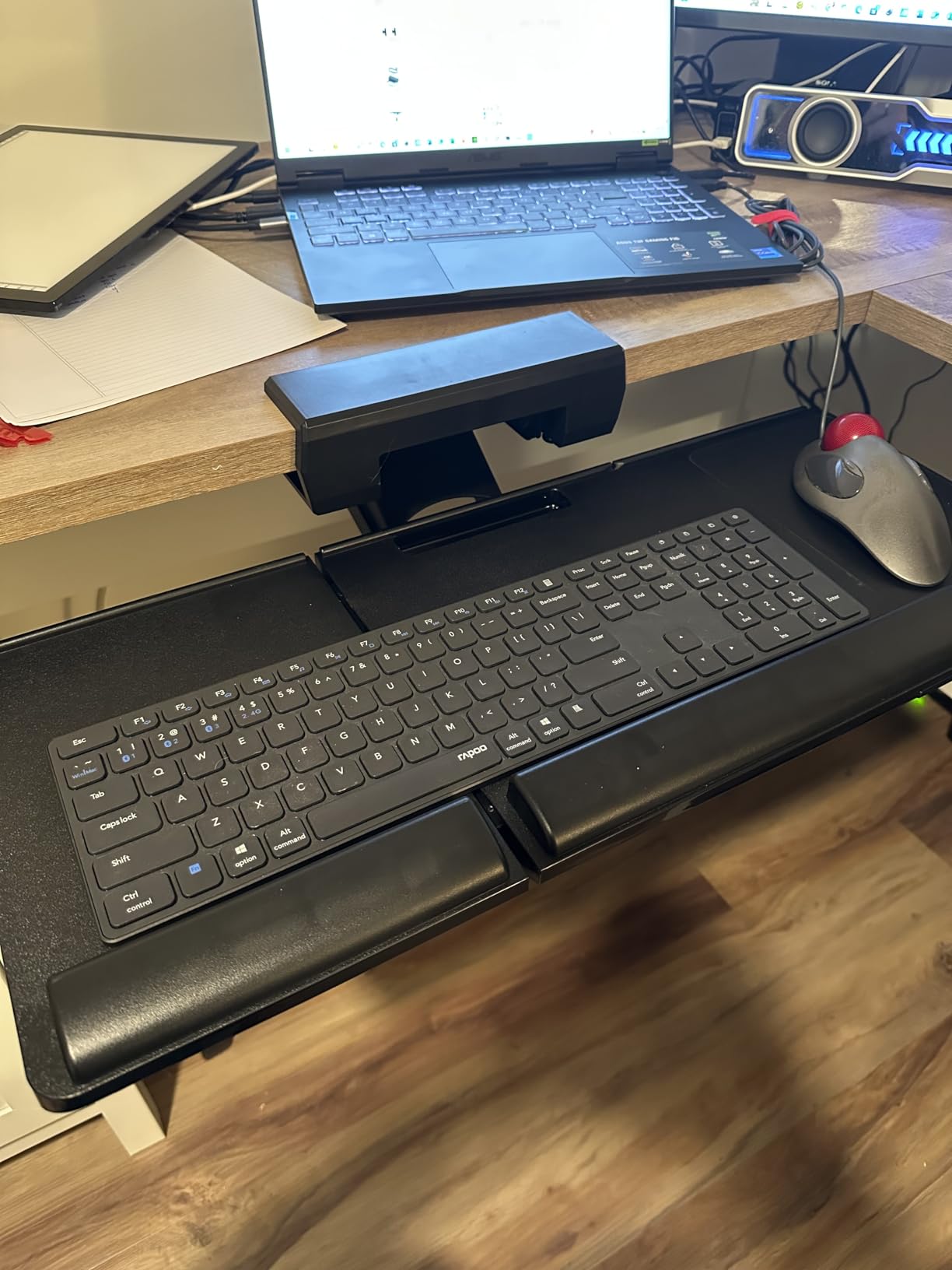 Klearlook Upgraded Ergonomic Keyboard Tray Under Desk, Adjustable Sliding Keyboard Platform Holder, Keyboard Stand with Wrist Rest & Storage Drawer for Home, Office and Gaming, 24.4