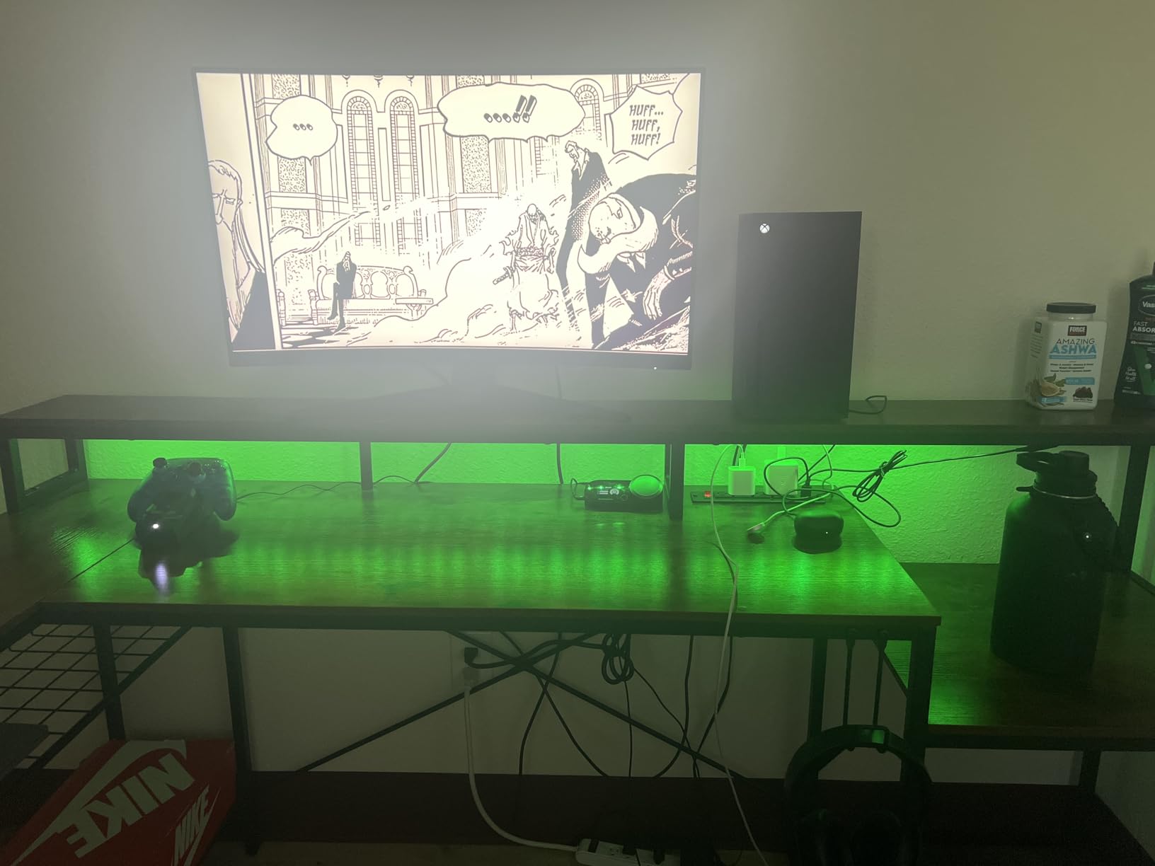 Bestier 71.5 inch Computer Desk with Power Outlets, LED Large Home Office Desk with Monitor Stand, L Shaped Corner Desk with Printer Stand Adjustable Shelf, Cup Holder & Headset Hooks, Brown customer photo 2