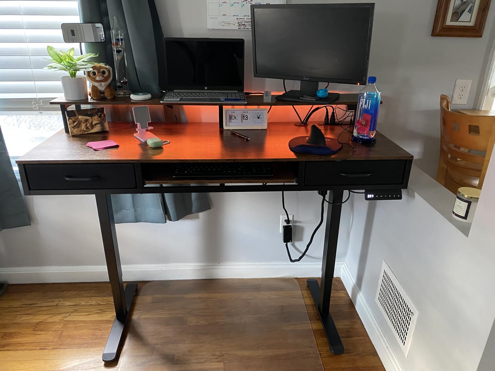 AODK Electric Standing Desk with Drawers & Keyboard Tray, 55 Inch Height Adjustable Gaming Desk with Power Outlets & LED Lights, Sit Stand Table with Monitor Stand for Home, Office, Rustic Brown customer photo 2