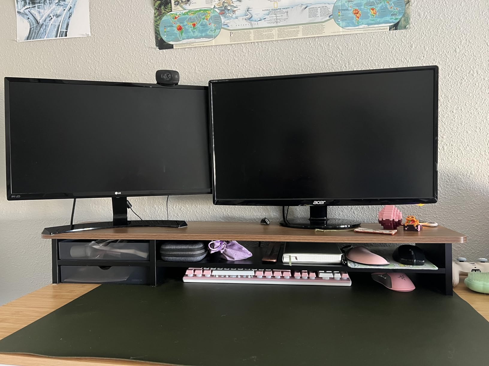 Fenge Monitor Stand, Dual Monitor Riser, 42.5inch Large Desk Computer Monitor Stand Riser with Drawer, 2 Tier Wood & Acrylic Desktop Organizer for Computer, Laptop, Printer, TV Screen Riser customer photo 2