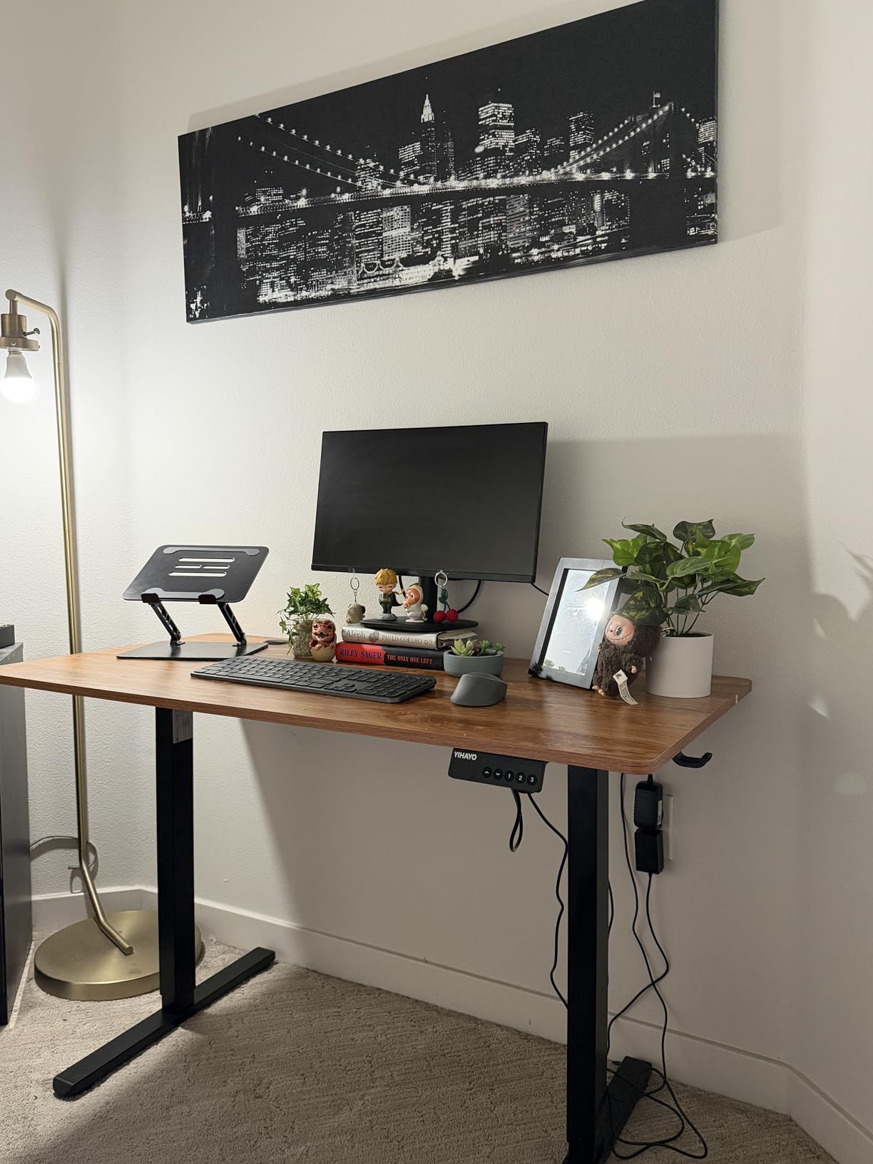 YIHAYO Electric Standing Desk, 48 x 24 Inches Stand Up Desk with Splice Board, Adjustable Height Desk, Computer Desk for Home Office, Black Frame/Rustic Brown Top customer photo 1