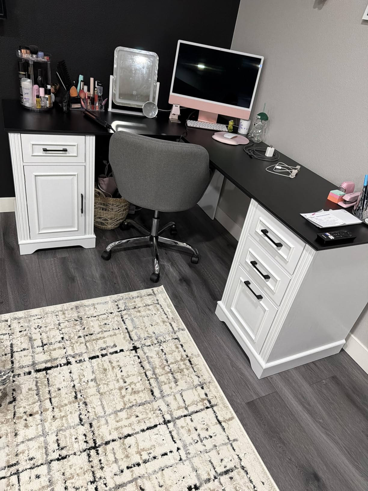 Itaar Farmhouse Executive L Shaped Desk, Home Office Desk with File Drawer and Power Outlet, Computer Corner Desk with Drawers and Storage Cabinet, Workstation for Office Home, White customer photo 1