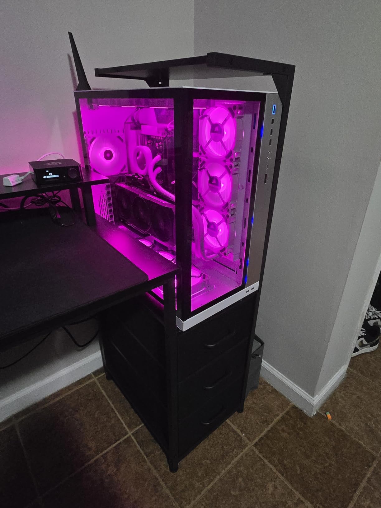 AODK 59 Inch Gaming Desk with LED Light- Reversible Computer Desk with Storage Shelves & Monitor Stand, Modern Gamer Desk Table with Fabric Drawers, Black customer photo 2