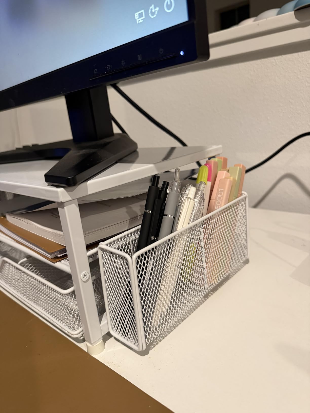 OPNICE Desk Organizer and Accessories, 2-Tier Computer Monitor Stand Riser with Drawer and 2 Pen Holders, Laptop Stand, Office Desk Accessories for Office Supplies, Black customer photo 1