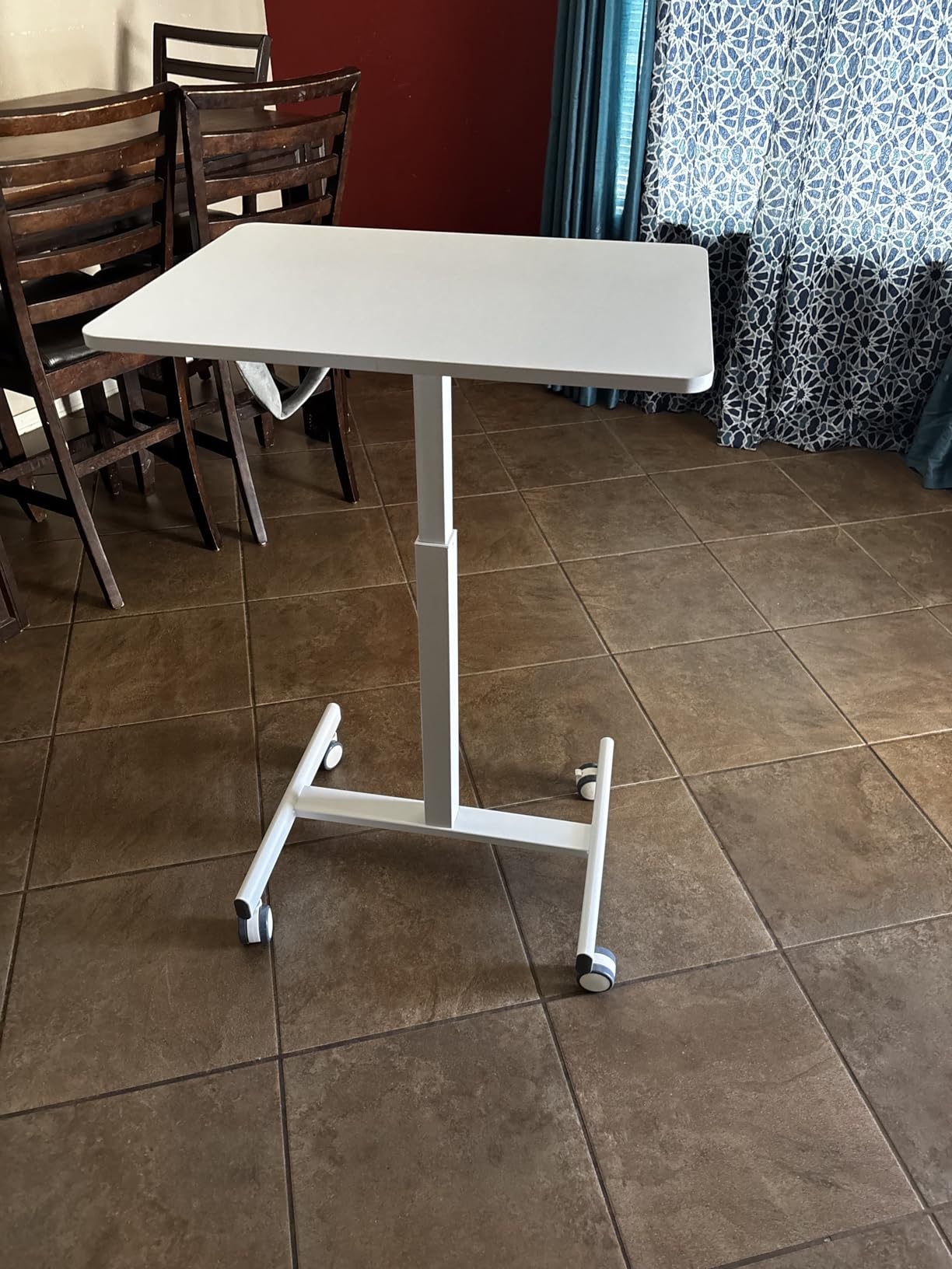 DUMOS Small Standing Desk Mobile Portable Rolling Laptop PC Table on Wheels Adjustable Height Computer Workstation for Home Office, 19 Inch, Modern White customer photo 1