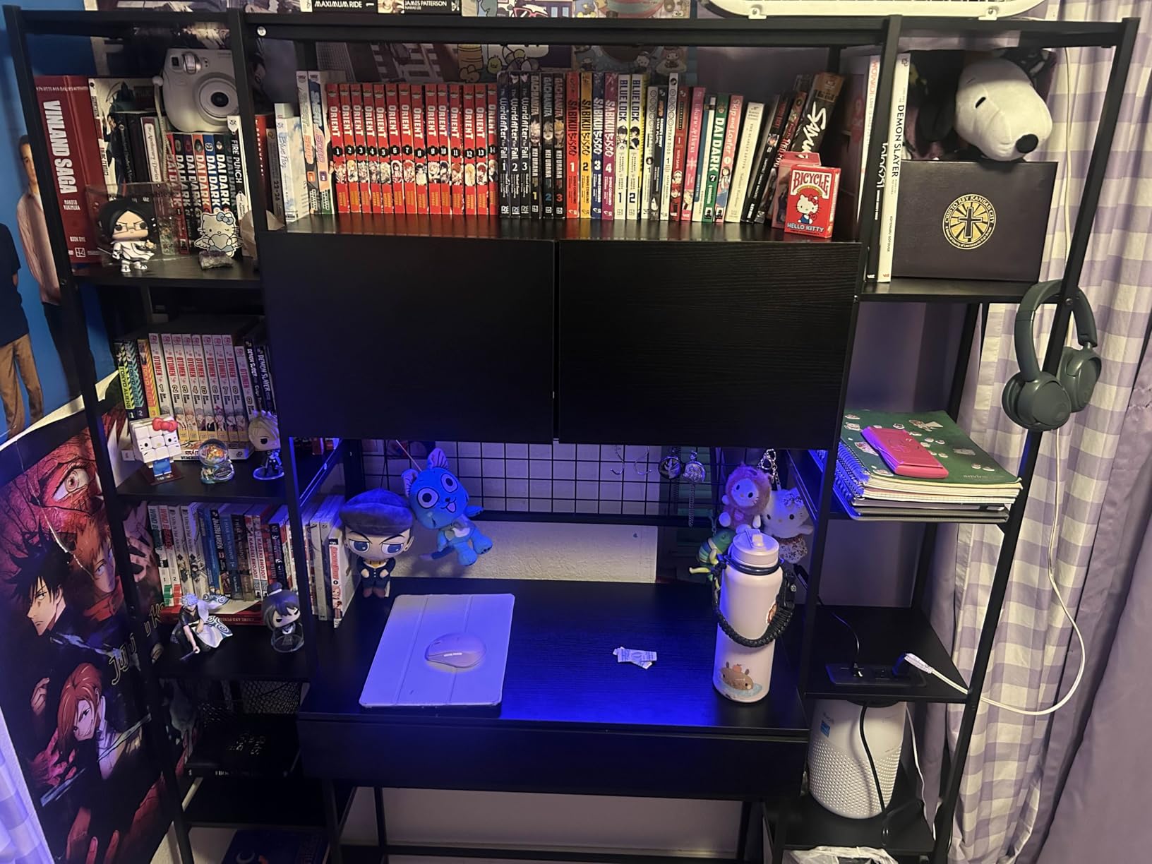 Nosepen 5 Tiers Rustic Bookshelf with Home Office Desk and RGB Lights and Power Outlet, 71.1