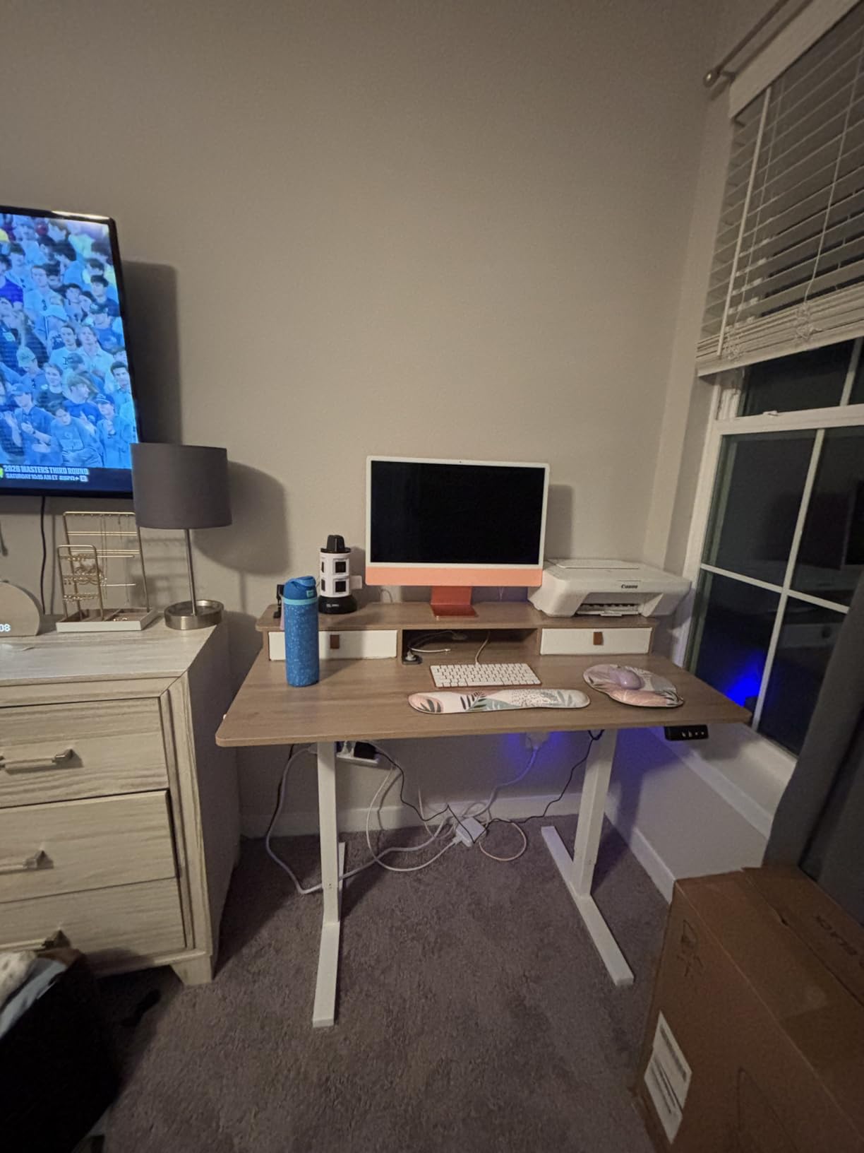TIQLAB Standing Desk with Two Drawers, Stand Up Standing Desk Adjustable Height, Electric Sit Stand Table with Storage Shelf and Splice Board, 48 * 24 inch, Maple customer photo 2