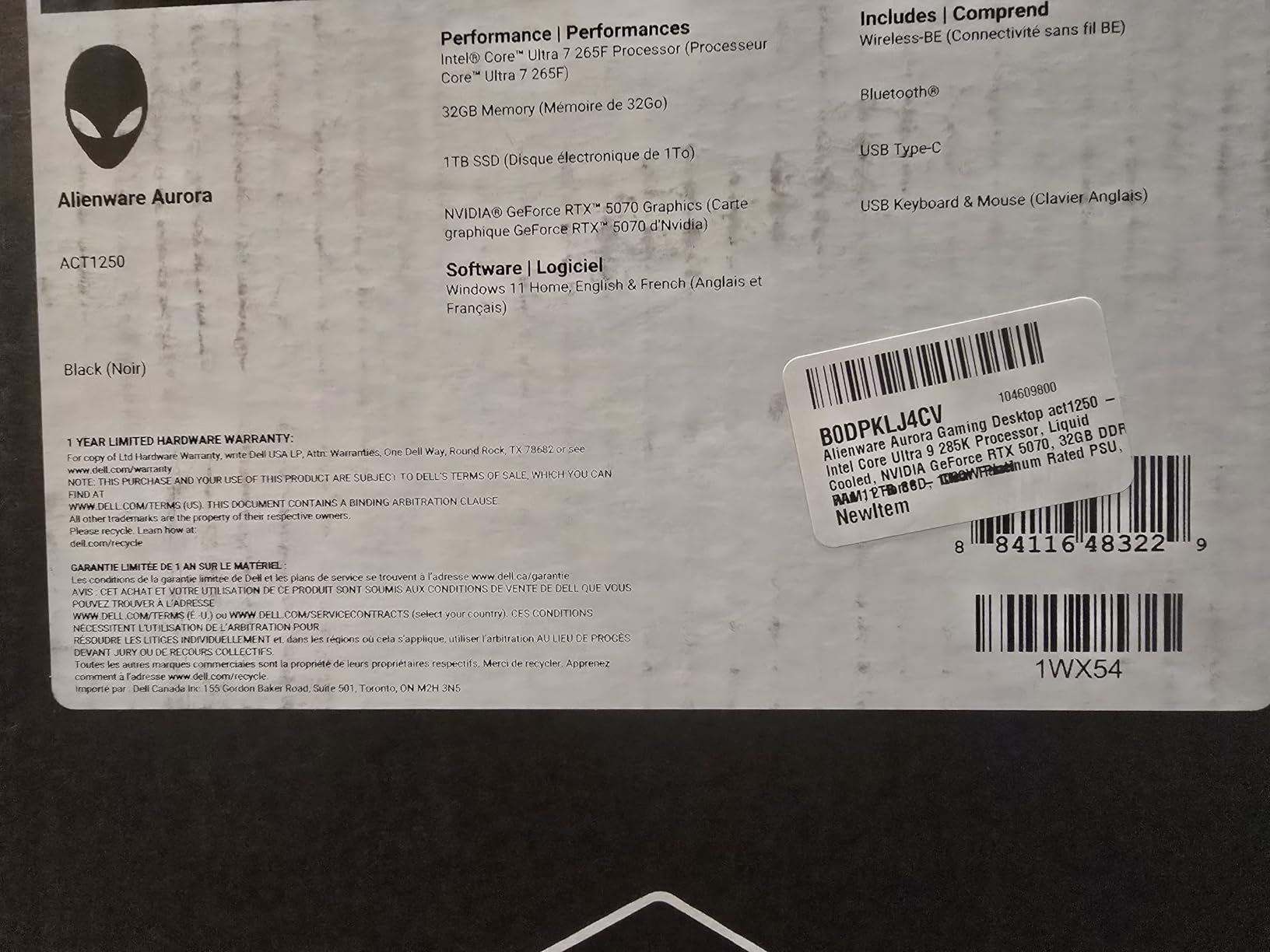 Alienware Aurora Gaming Desktop ACT1250 - Intel Core Ultra 7 265F, 32GB DDR5 RAM, 1TB SSD, NVIDIA GeForce RTX 5070, 1000W Platinum Rated PSU, Windows 11 Home, Clear Panel - Black customer photo 2