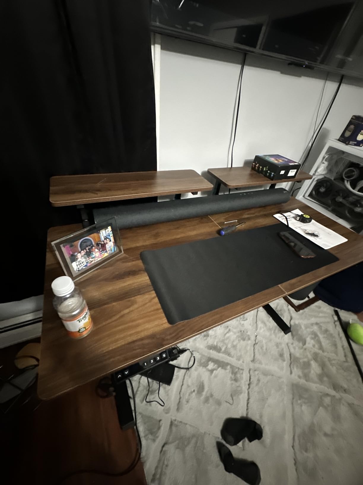 ONBRILL Standing Desk with 2 Adjustable Monitor Shelves, 71 x 24 Inches Electric Stand Up Desk with Memory Controller and Adjustable Height from 28-46 inches for Computer Workstations, Rustic Brown customer photo 1