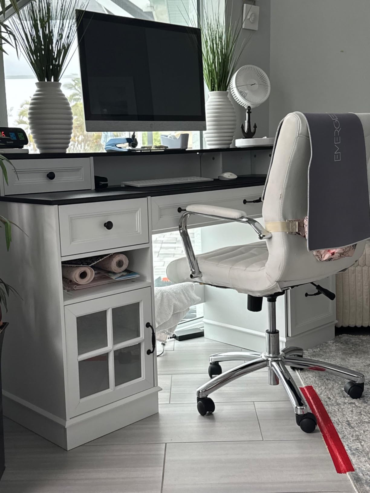 HAUOMS Farmhouse Executive Desk with Drawers Computer Desk with File Drawers, Power Outlet and Led Lights, Executive Office Desk with Storage Cabinet and Monitor Shelf for Home Office, Black customer photo 2