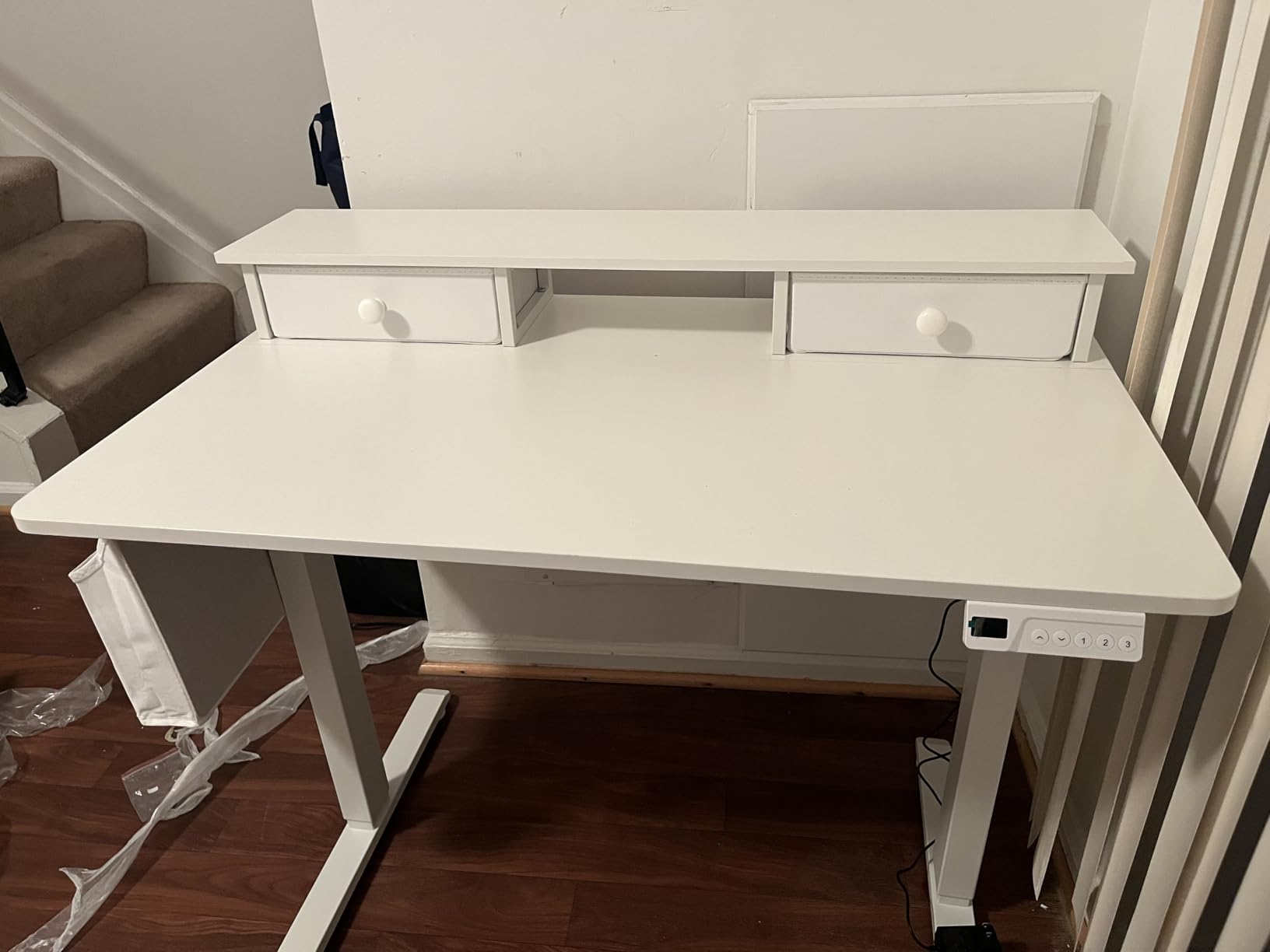 KLUVIS Electric Standing Desk with Drawers, 32 Inch White Small Height Adjustable Sit Stand Desk with Storage for Small Space Home Office Bedroom, Study Writing Stand up Computer Desks for Girls Work customer photo 1