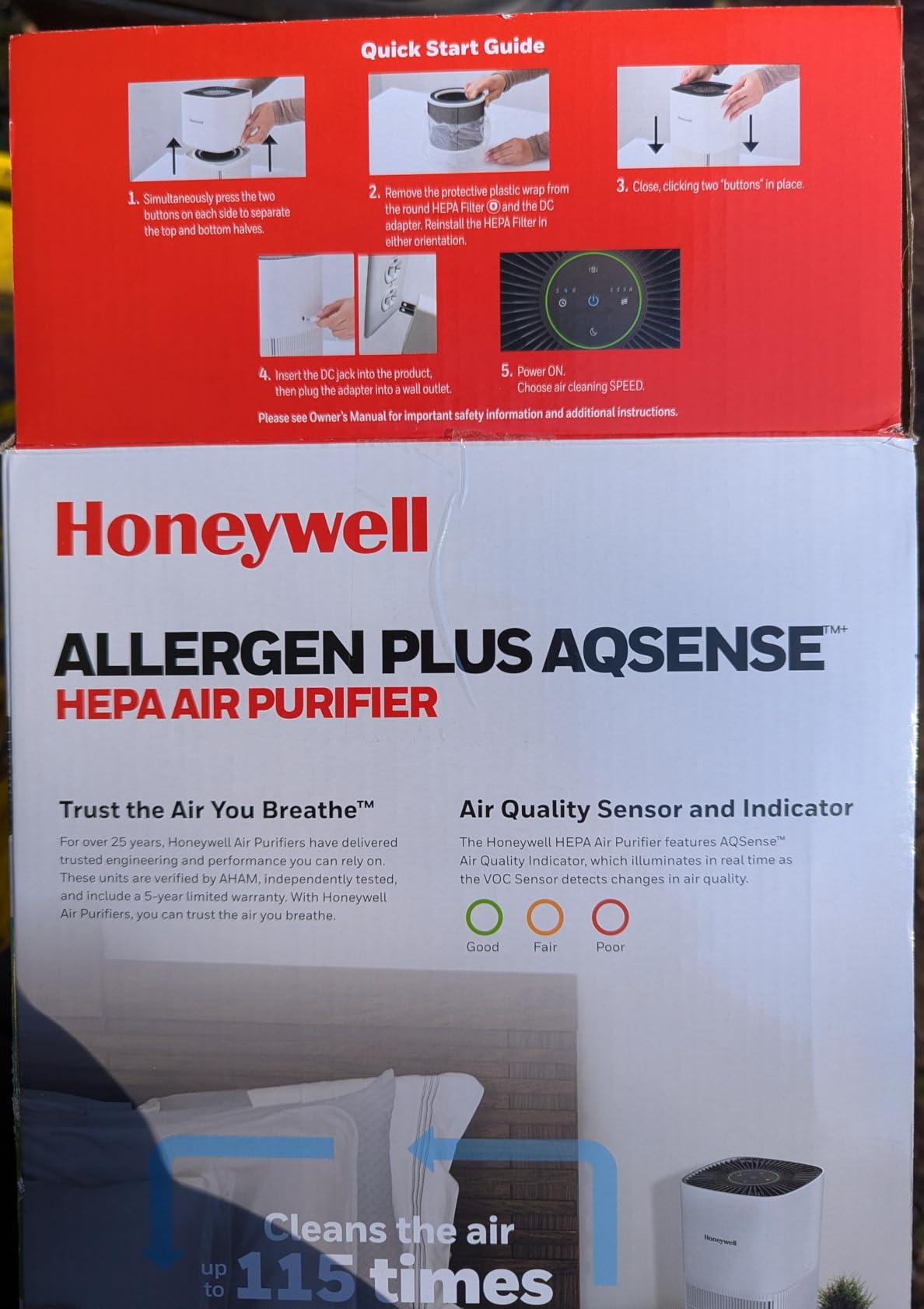 Honeywell Allergen Plus Compact HEPA Small Room Air Purifiers for Home, Up to 530 Feet² Coverage, 3-in-1 Filter, Pet Dander, Smoke & Odor Reducer Air Quality Sensor with Auto Mode, Grey, HPA125V customer photo 1