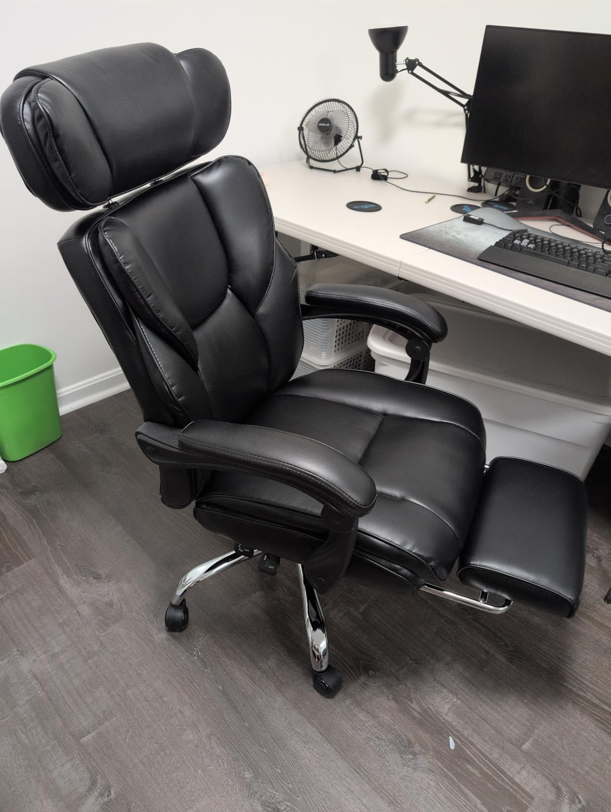 High Back Office Chair with Adjustable Headrest, Retractable Footrest & Lumbar Pillow, Ergonomic Bonded Leather Executive Desk Chair, Thick Padded Cushion, 90-135 Deg Reclining Chair for Home Office Black customer photo 2