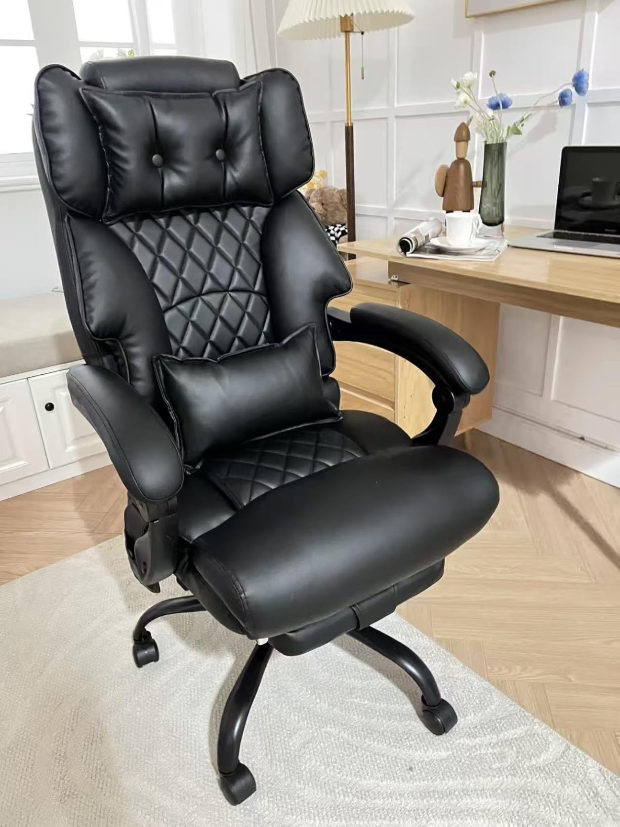 Massage Office Chair with Foot Rest,6 Points Vibration & Heat Executive Office Chairs for Heavy People,500LBS Big and Tall Office Chair,Ergonomic Reclining Desk Chair,Dual-Use Pillow,Black customer photo 2
