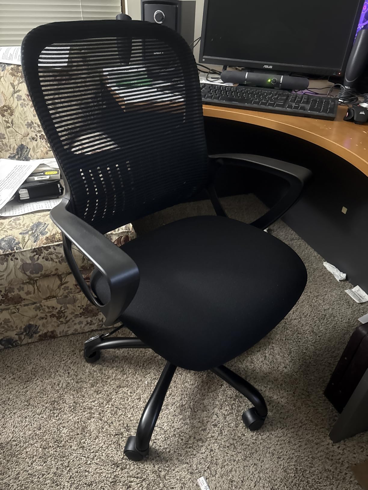 DUMOS Home Office Desk Chair - Ergonomic Mid Back with Lumbar Support & Rocking Mode, Height Adjustable with Fixed Armrest, for Conference, Computer, Meeting Room, 360° Swivel, Adults, Black customer photo 1