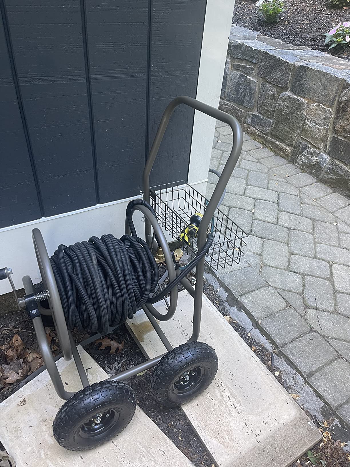 Liberty Garden Residential Grade Four Wheel 250 Foot Capacity Steel Frame Water Hose Reel Cart with Basket for Backyard, Garden, or Home, Brown, Bronze customer photo 2