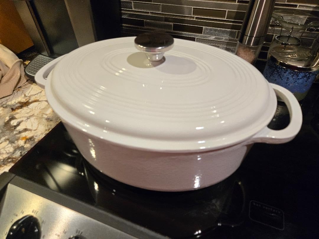 Lodge 7 Quart Enameled Cast Iron Oval Dutch Oven with Lid - Dual Handles - Oven Safe up to 500° F or on Stovetop - Use to Marinate, Cook, Bake, Refrigerate and Serve - Red customer photo 1