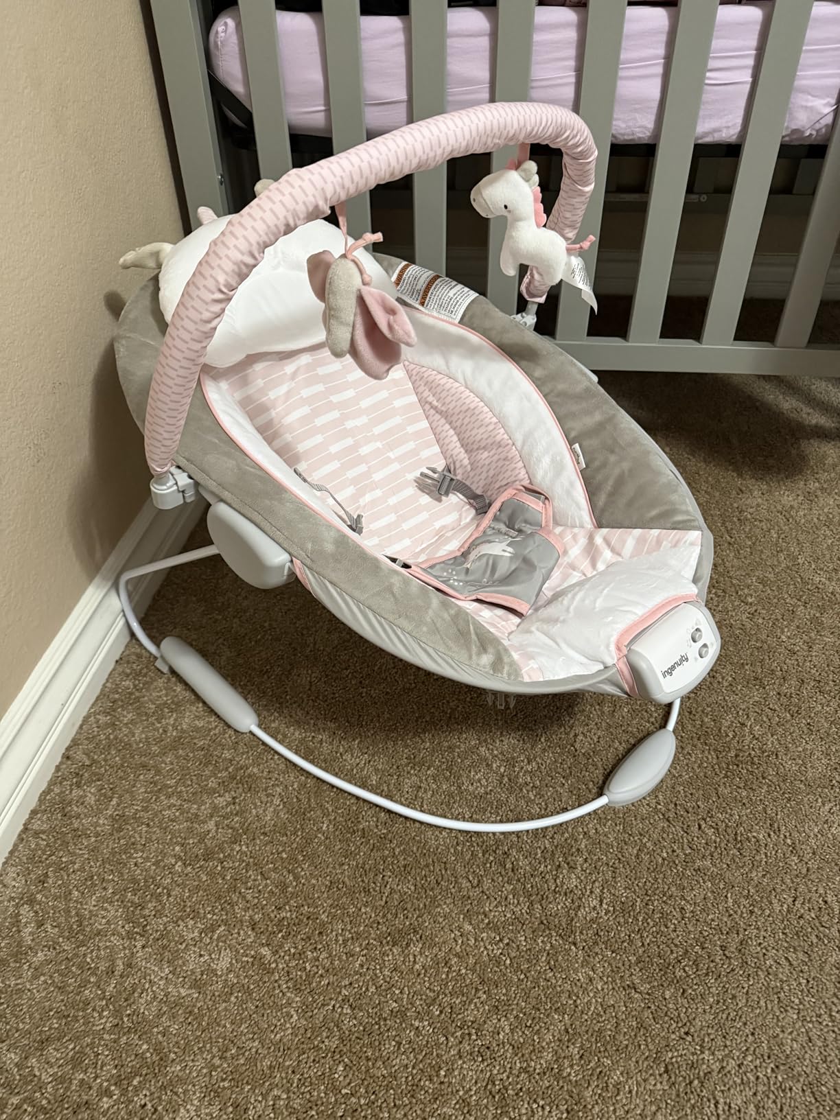 Ingenuity Soothing Baby Bouncer Infant Seat with Vibrations, Toy Bar & Sounds, 0-6 Months Up to 20 lbs (Pink Flora the Unicorn) customer photo 1