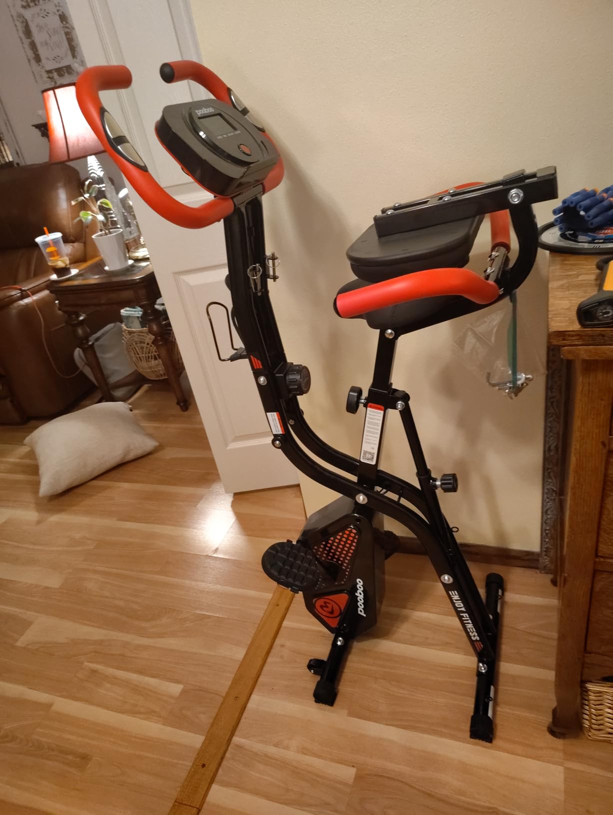 pooboo Folding Exercise Bike, Foldable Upright Stationary Bike, Indoor Cycling Magnetic X-Bike with 8-Level Adjustable Resistance, 6.6 LBS Flywheel, 300LB Capacity, Back Support Cushion for Home Gym customer photo 2