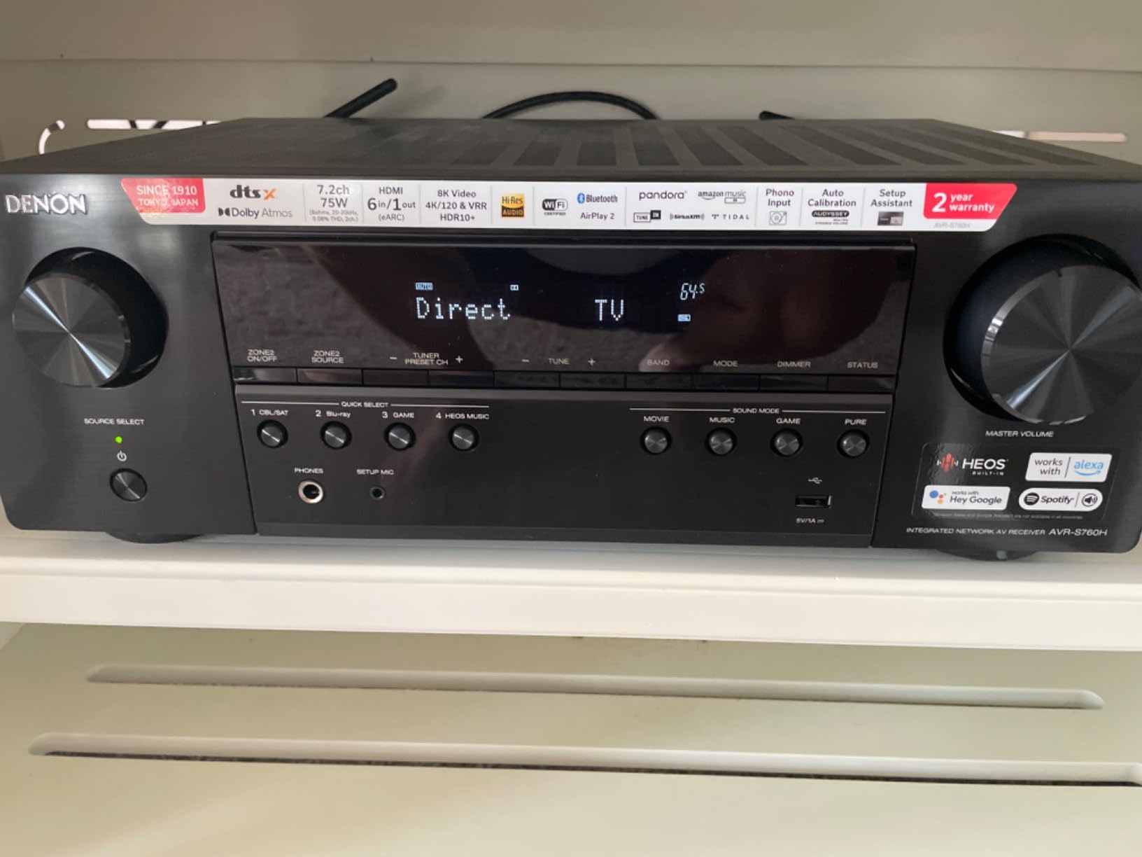 Denon AVR-S760H 7.2 Ch AVR - 75 W/Ch (2021 Model), Advanced 8K Upscaling, Dolby Atmos Height Virtualization, DTS Virtual:X & More, Built-in HEOS, Amazon Alexa Voice Control customer photo 1