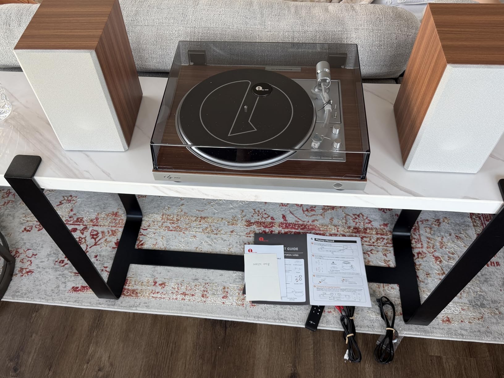 1 BY ONE Fully Automatic Record Player, HiFi Vinyl Turntable with Automatic Repeat Function, Bookshelf Speakers, Remote Control, Built-in Phono Preamp & DSP, AT-3600L Cartridge, Belt Drive 2-Speeds customer photo 1