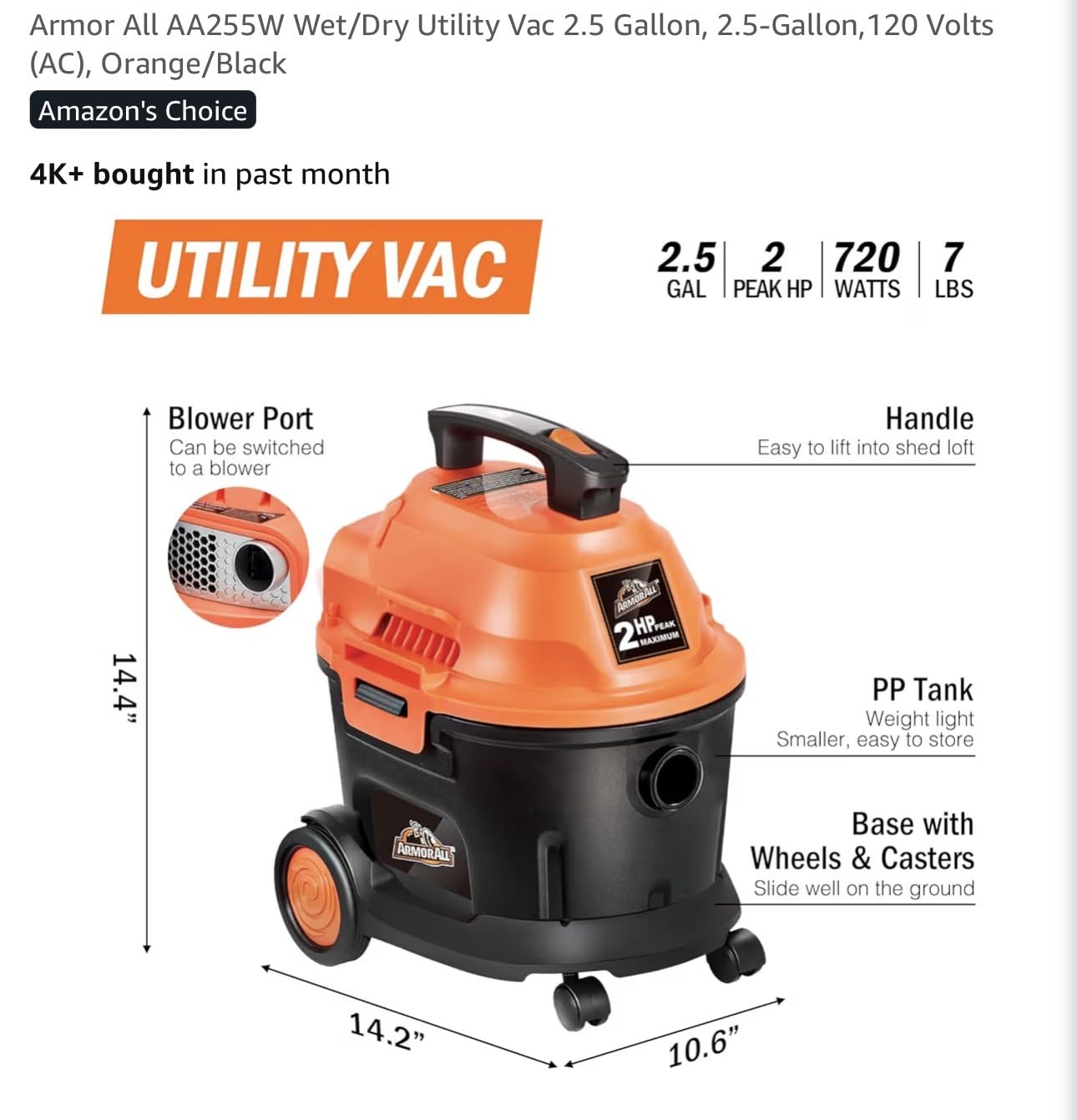 Armor All AA255W Wet/Dry Utility Vac 2.5 Gallon, Orange/Black customer photo 1