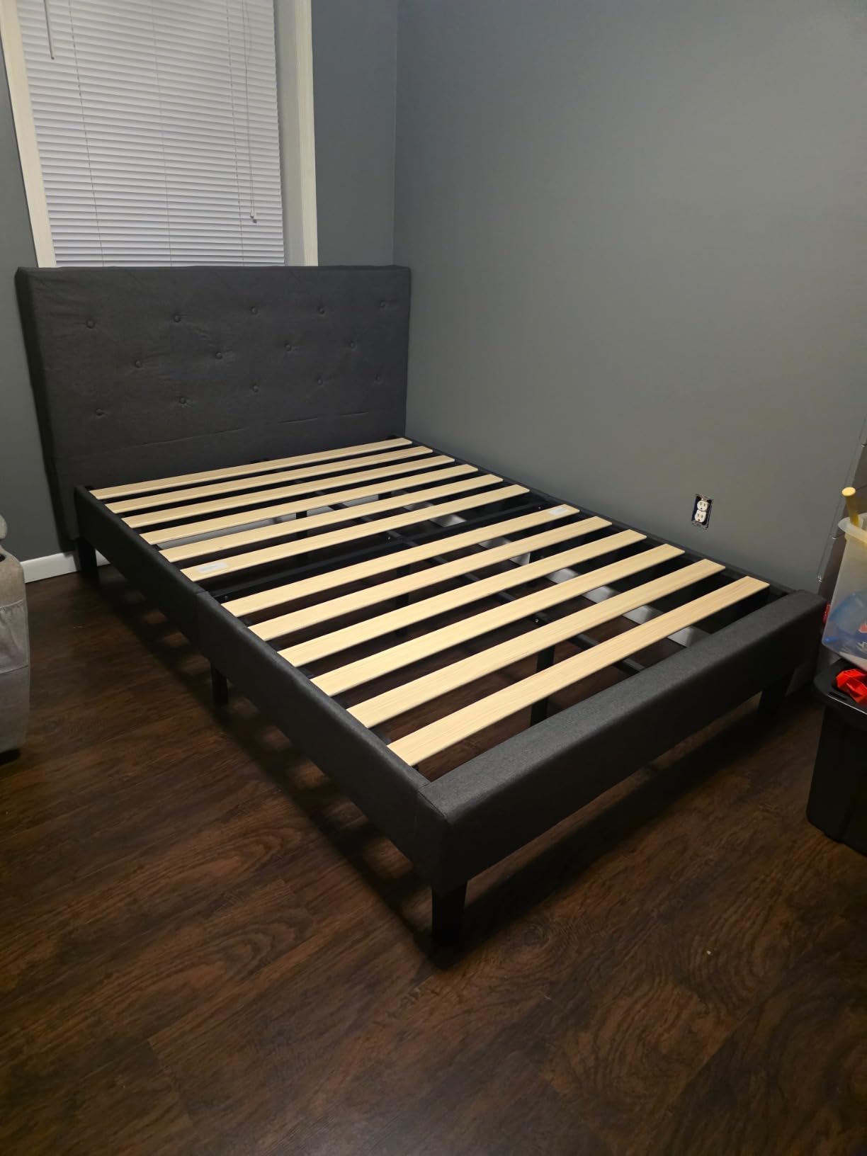 Zinus Shalini Upholstered Platform Bed Frame, Mattress Foundation, Wood Slat Support, No Box Spring Needed, Easy Assembly, Dark Grey, Queen customer photo 2