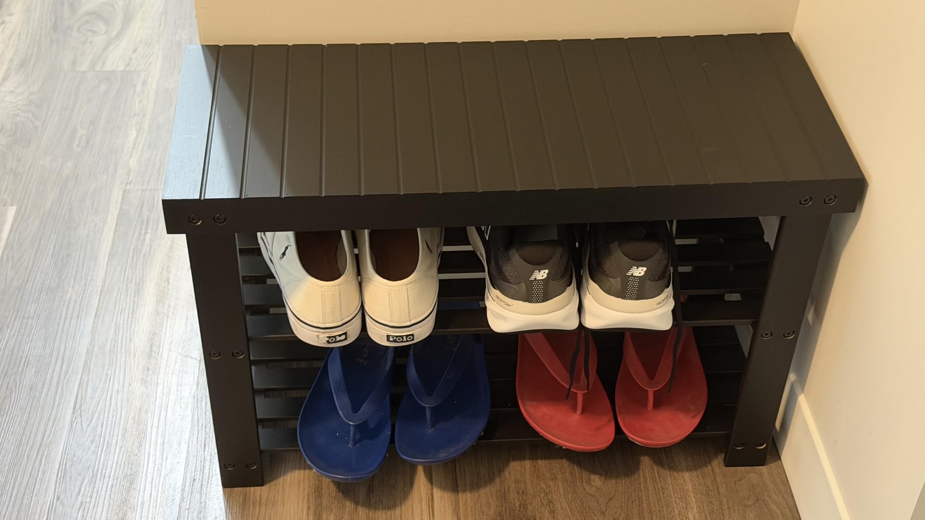 SONGMICS Shoe Rack Bench, 3-Tier Bamboo Shoe Storage Organizer, Entryway Bench, Holds Up to 286 lb, 11.3 x 27.6 x 17.8 Inches, Ink Black ULBS04H customer photo 2