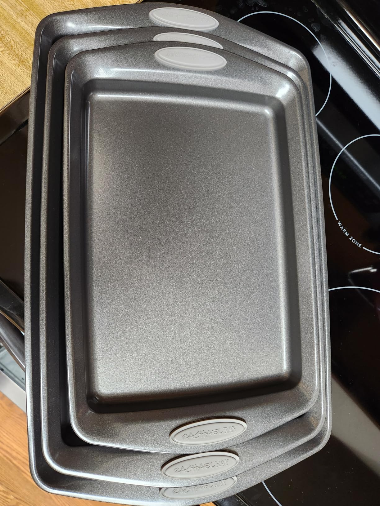 Rachael Ray Nonstick Baking Pans Set, 3-Piece Cookie Pan Bakeware, Gray with Agave Blue Silicone Grips customer photo 1