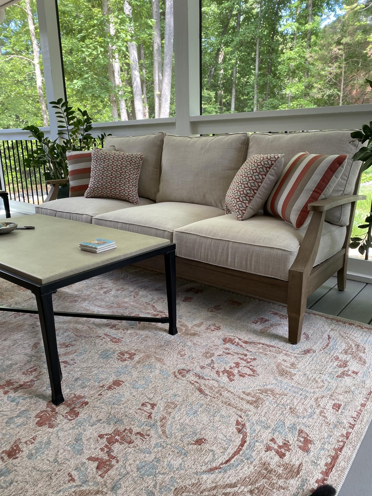 Signature Design by Ashley Clare View Coastal Outdoor Loveseat, Cushioned with Nuvella Fabric, Protective Finish, Eucalyptus Wood, 55.5