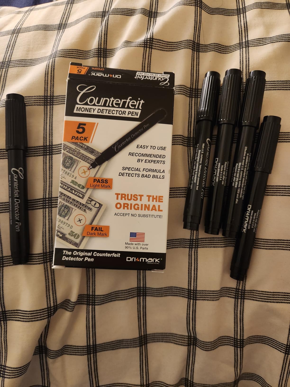 Dri Mark CFD5PK Counterfeit Bill Detector Marker Pen, Made in The USA, 3 Times More Ink, Pocket Size, Fake Money Checker - Money Loss Prevention Tester & Fraud Protection for U.S. Currency (Pack of 5) customer photo 1