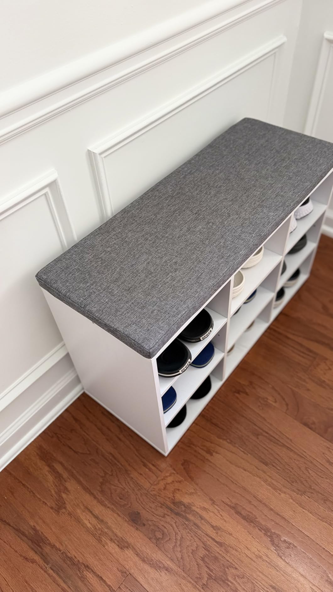 VASAGLE CUSTOS Collection - Shoe Bench, Storage Bench with Padded Seat, Entryway Bench with 15 Compartments, for Bedroom, 11.8 x 41.3 x 18.9 Inches, Cloud White and Dove Gray ULHS15WT customer photo 1