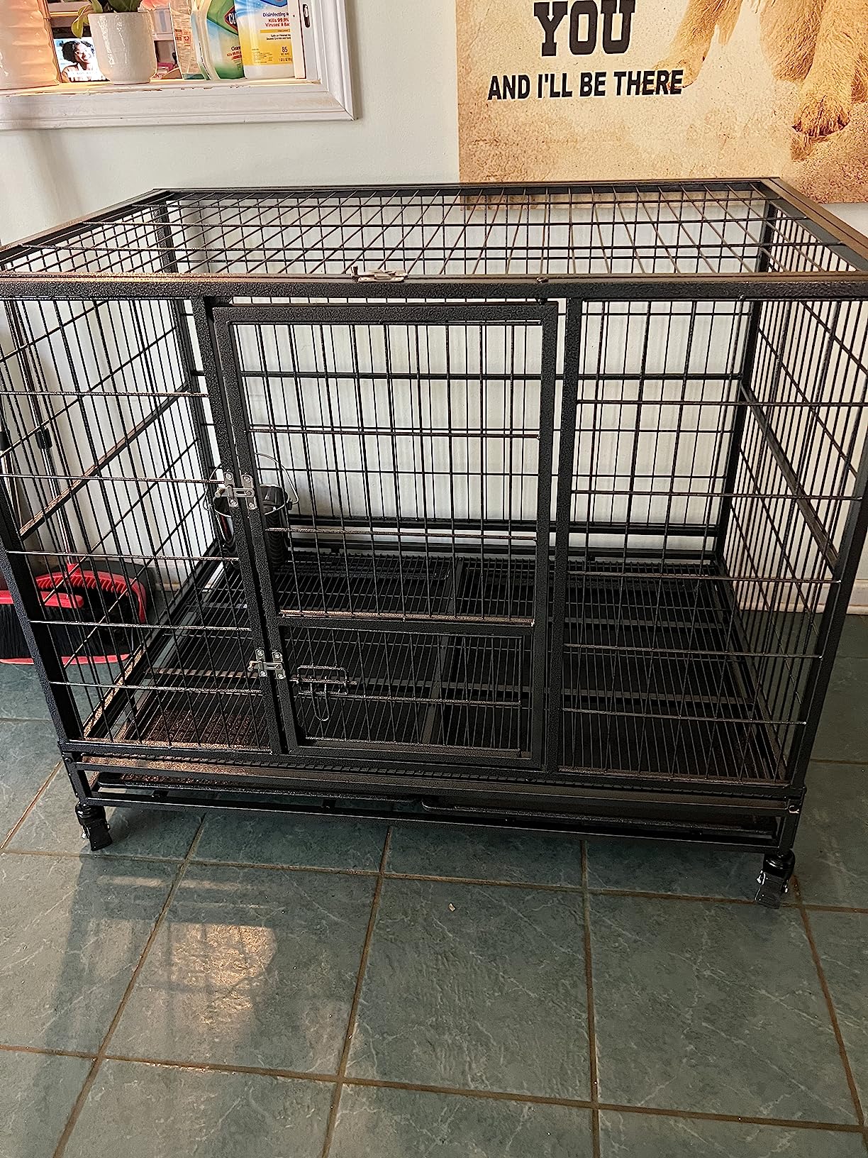 Yaheetech 43in Heavy Duty Escape Proof Dog Crate Cage w/Double Doors, 2 Removable Trays, Lockable Wheels, Indestructible Dog Kennel for Medium/Large Dogs customer photo 2