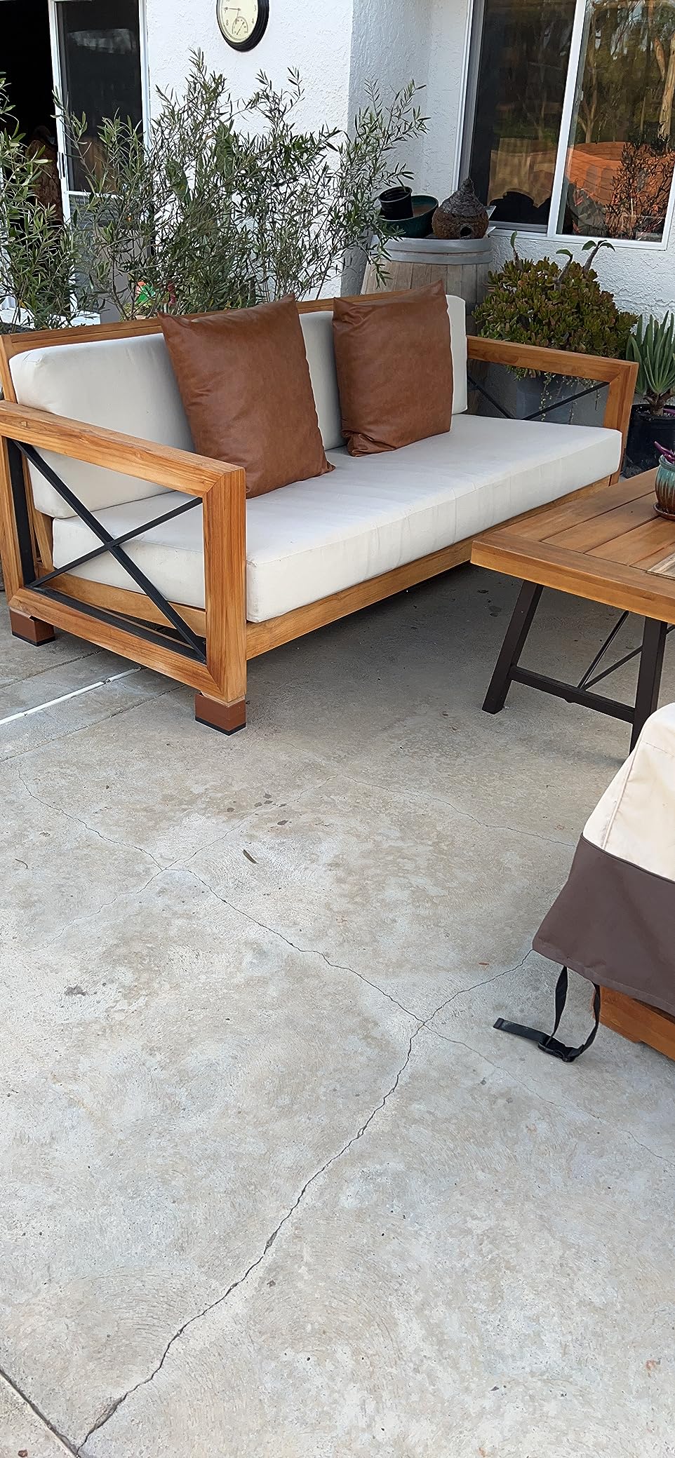 SAFAVIEH Couture Outdoor - Andros Sofa - Brown & Beige - Brazilian Teak Wood - Slatted Design with Removable Cushions - Ideal for Patio, Deck, Porch, Backyard, 16 Seat Height (CPT1010A) customer photo 1