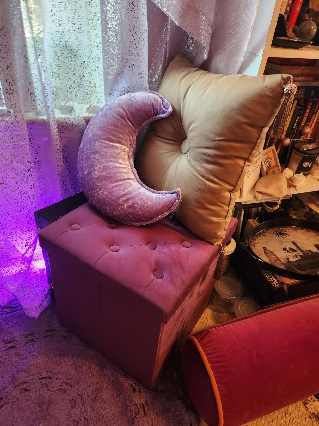 B FSOBEIIALEO Storage Ottoman Cube, Velvet Tufted Folding Ottomans with Lid, Footstool Rest Padded Seat for Bedroom (Grey, Medium) customer photo 2